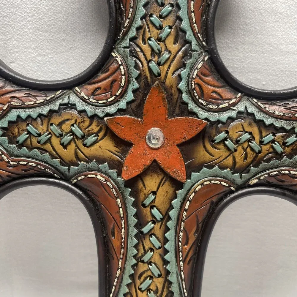 Western Rustic Resin Fleur De Lis Decorative Wall Cross Turquoise Brown 20